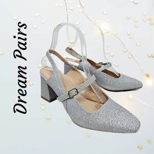 Dream Pairs High Heels Womens Sz 6.5 Silver Glitter Sling Back Mary Jane Strap